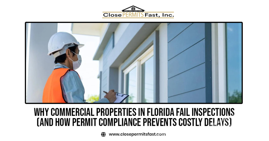 Commercial property inspector reviewing permit compliance documents for a Florida building inspection