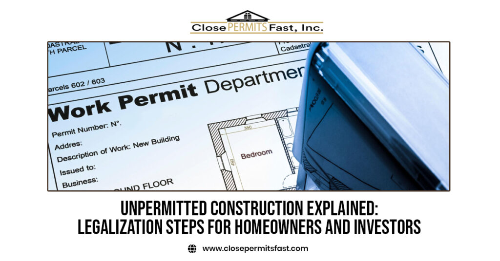 Homeowner reviewing plans for unpermitted construction while preparing documents for permit legalization and building code compliance