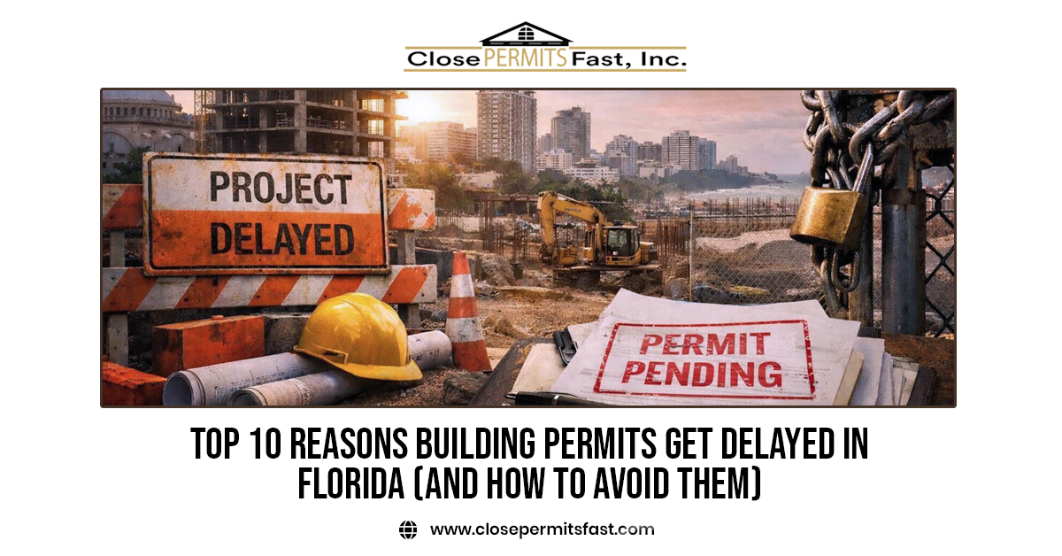 Construction site showing project delays and pending building permits in Florida, illustrating the common causes of building permit delays and approval setbacks.