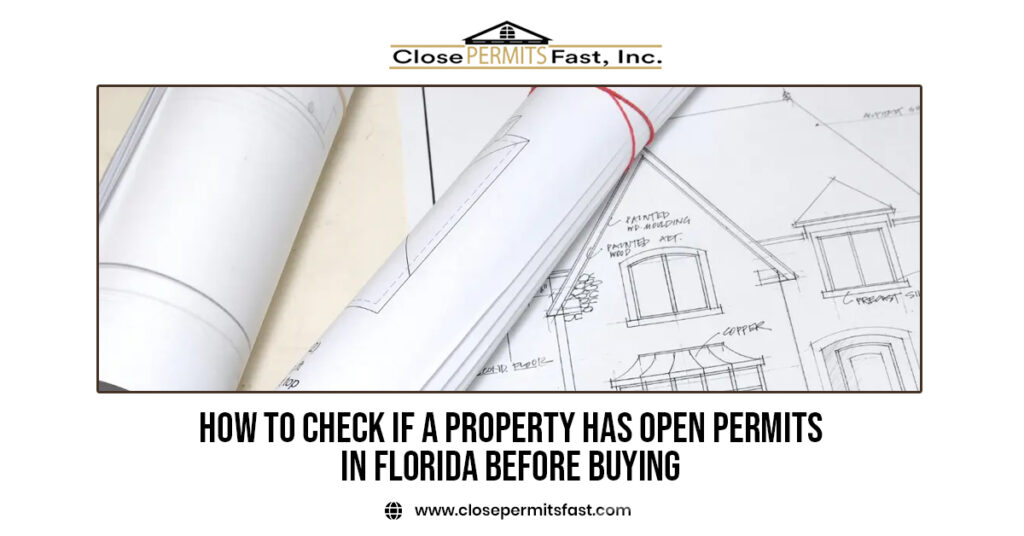 Building blueprints and architectural plans representing how to check if a property has open permits in Florida before buying.