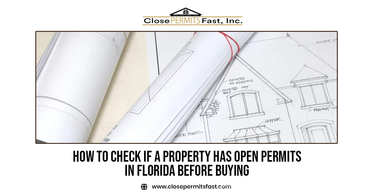 Building blueprints and architectural plans representing how to check if a property has open permits in Florida before buying.